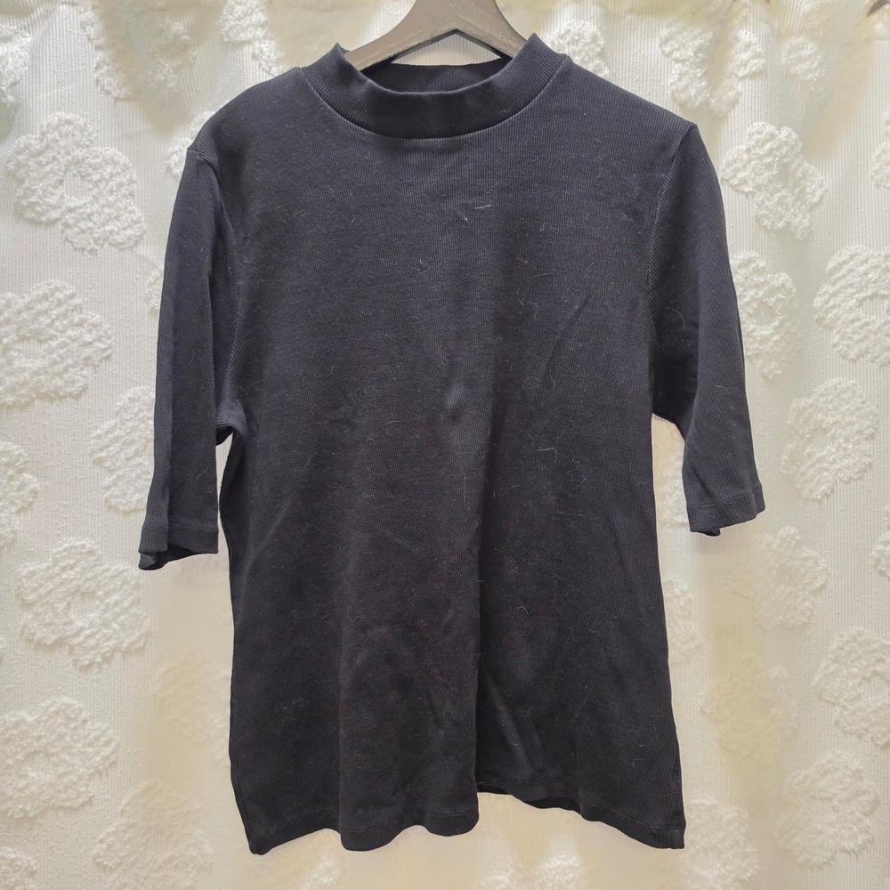 Maeve Anthropologie Womens Black Ribbed Mock‎ Neck Elbow Sleeve Top XL